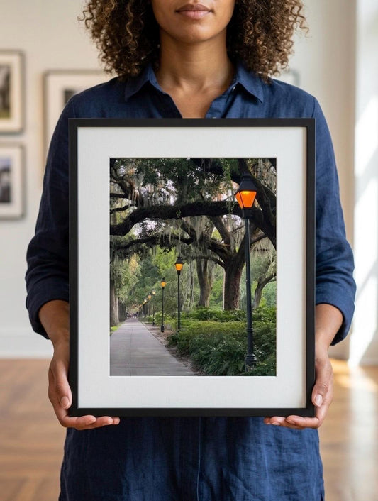 Forsyth Park Savannah Georgia golden hour light posts unmated print